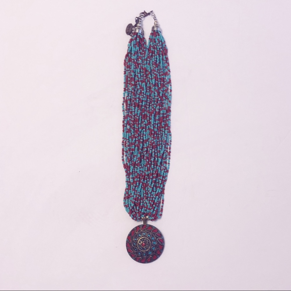 Beaded Red and Turquoise Statement Necklace.